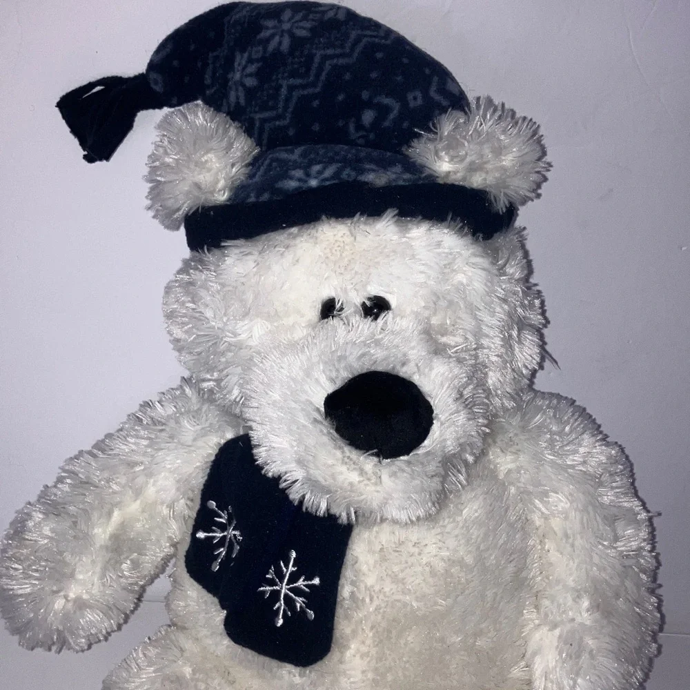 White Squishy Winter Teddy Bear‎ with Blue Hat and Scarf 22x9x7 inches